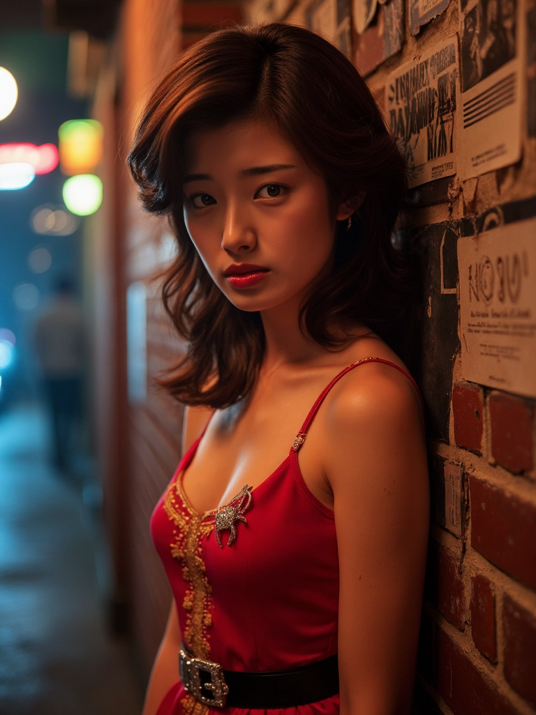 There are wonderful studio lights and various reflections,
18yo beautiful cute girl with blushing and female orgasm.skin naturally showing the texture of blood vessels and detailed pale skin,
--,
<lora:Yamaguchi_Momoe_f1_rank2_bf16:1>,she is Yamaguchi Momoe,
--, In a gritty,noir-inspired urban landscape bathed in the soft glow of neon lights,a woman with long,wavy brown hair cascading down her shoulders and intense brown eyes that seem to pierce through the smoky haze,stands in profile against a brick wall adorned with peeling posters. Her outfit is a striking contrast to the gritty surroundings she wears a vibrant red dress with gold accents,cinched at the waist by a black belt,and accessorized with a diamond brooch shaped like a spider's web on her lapel. Her lips are painted a bold red,and she gazes directly at the viewer with an air of defiance and determination,as if daring them to take another step forward in this shadowy metropolis. The camera angle is low and slightly off-center,capturing her from the waist up,and the mood is tense yet intriguing,inviting the audience to delve deeper into her story.,,