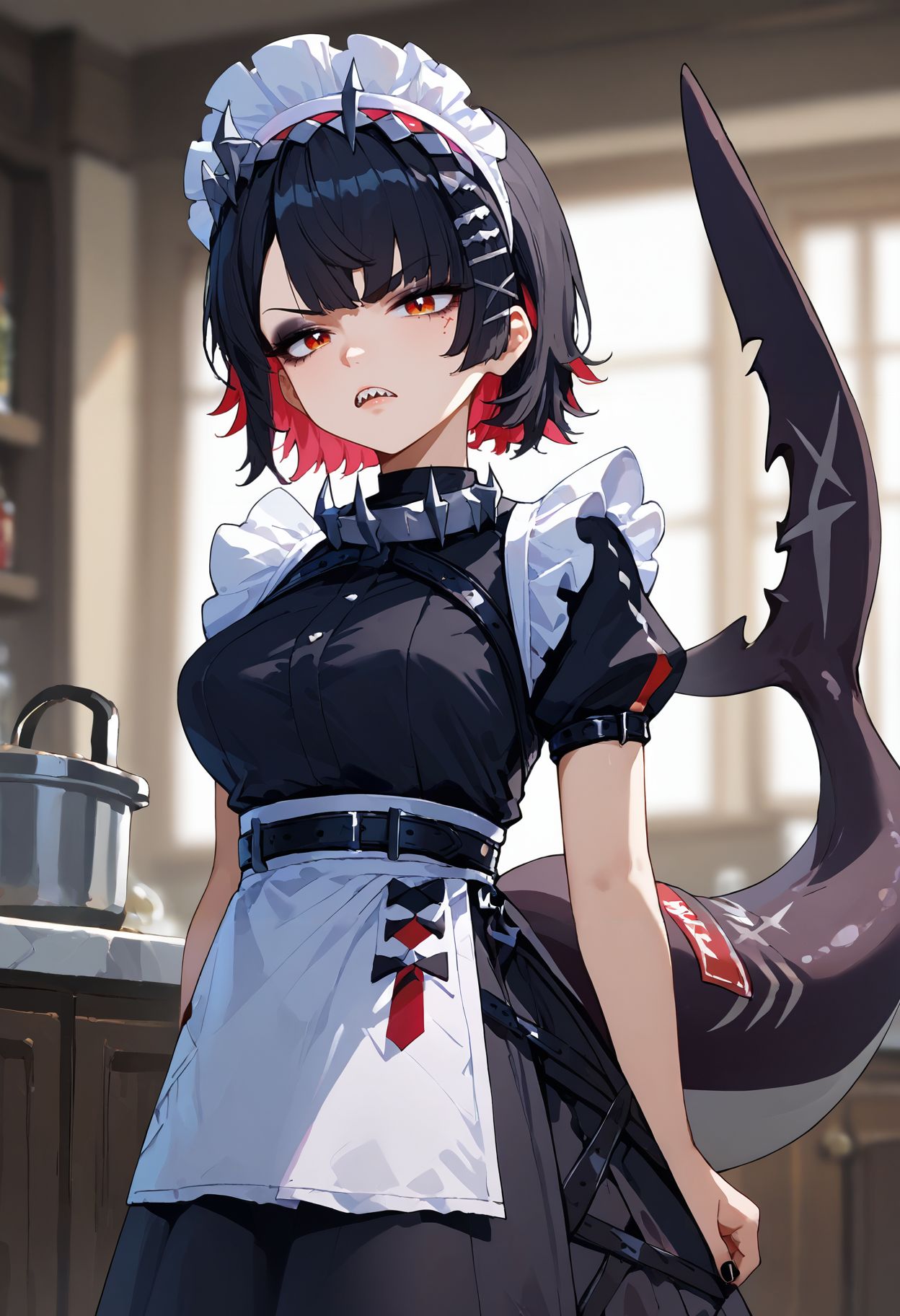 score_9,score_8_up,score_7_up,<lora:ellen_joe_zzz_v2_goofy:1>ellenJoeZzz,1girl, anger vein, apron, belt, black belt, black dress, black eyeshadow, black hair, black nails, black shirt, blurry, blurry background, breasts, chain, colored inner hair, dress, eyeshadow, hair ornament, maid headdress, makeup, multicolored hair, shark tail, sharp teeth, shirt, short hair, solo, tail, teeth, white apron