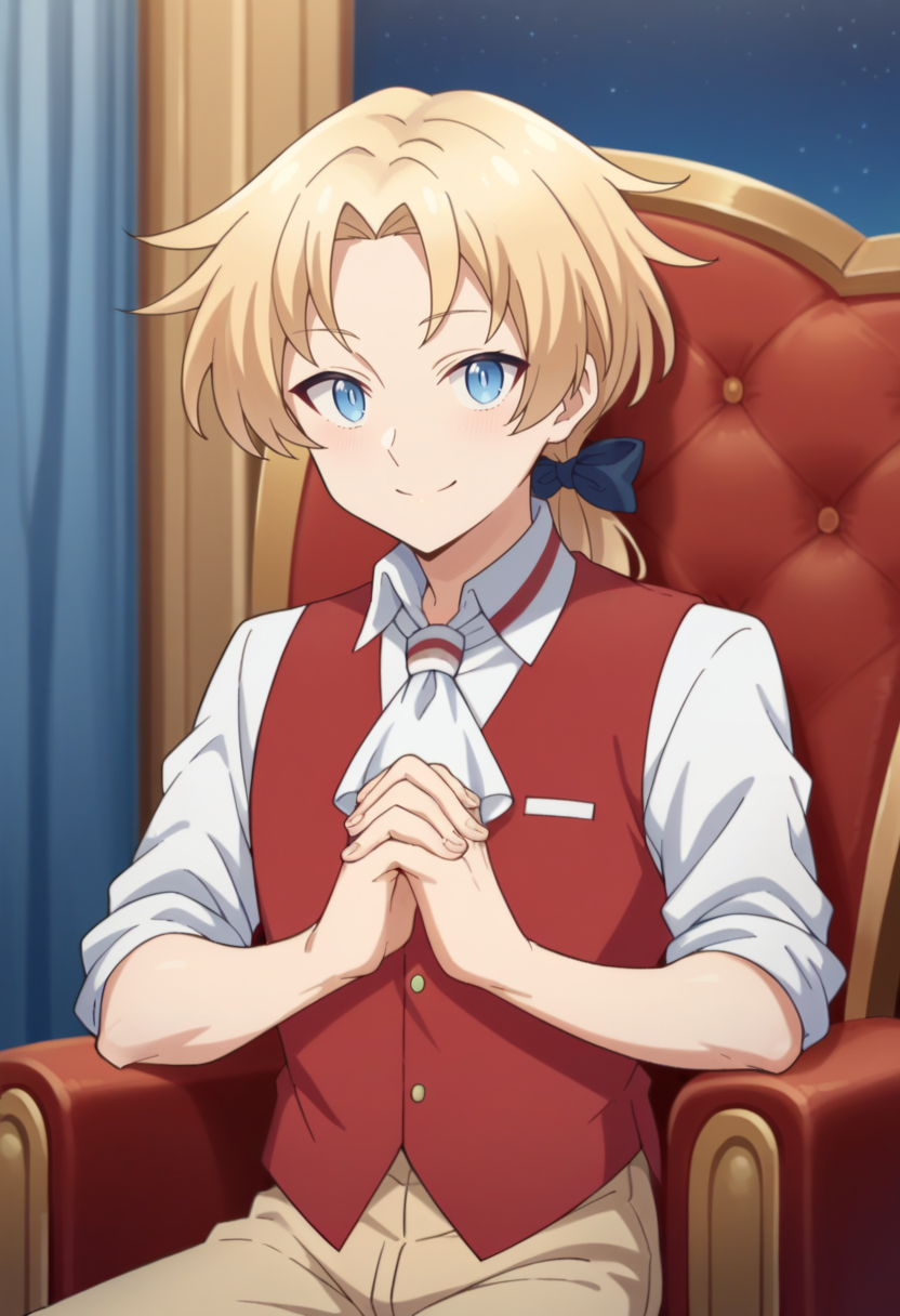 score_9, score_8_up, score_7_up, source_anime BREAK 1boy,  looking at viewer, solo, cowboy shot, 
 <lora:AlbertDwnstyPdxl-000008:1>, albert_def, blue eyes, blonde hair, low ponytail,  hair bow, parted bangs, white shirt, red vest, collared shirt, ascot, sleeves rolled up, beige pants,
smile, 
indoors, throne room, throne, sitting, own hands together,  window, starry sky, curtains,