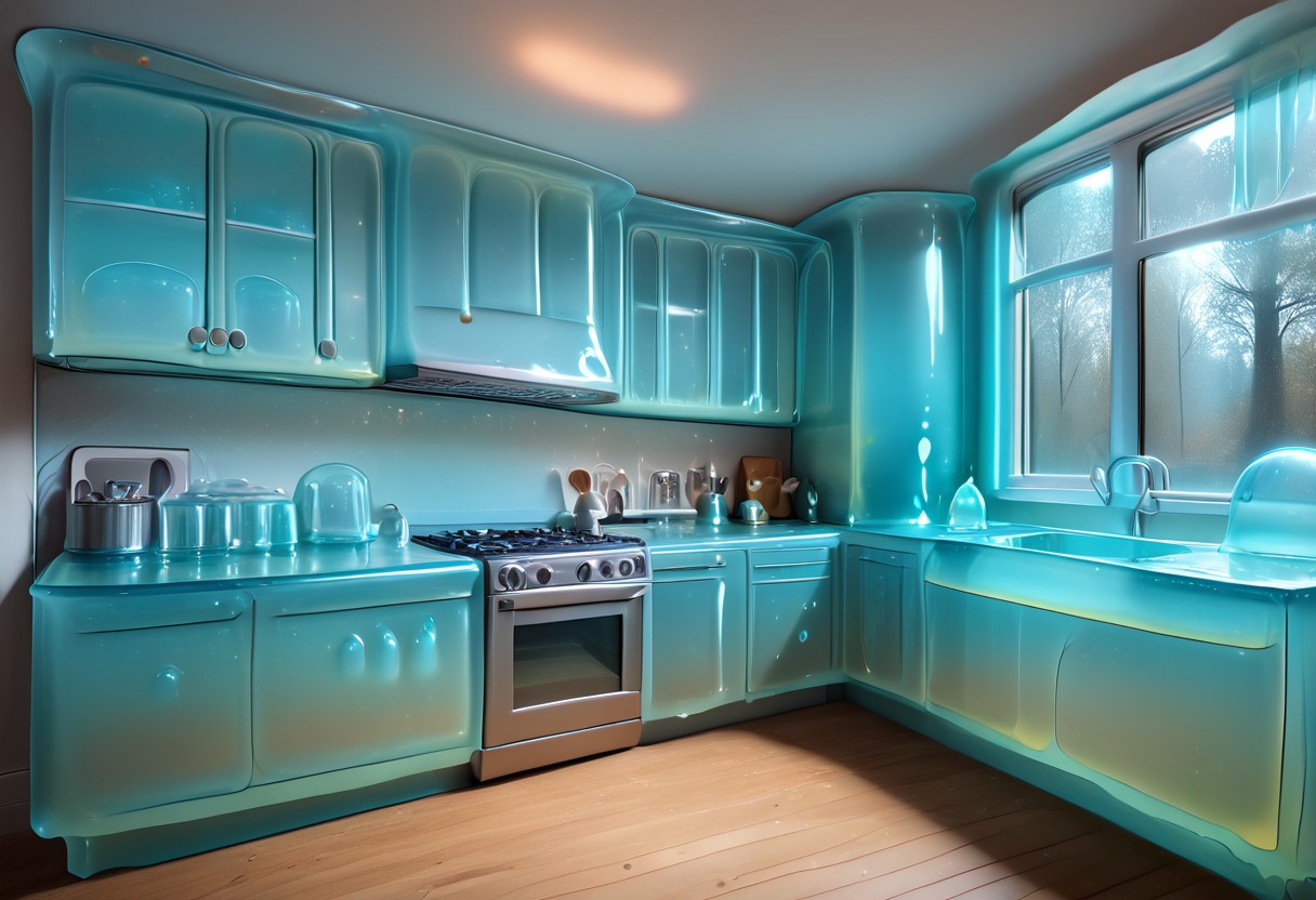 hud_mdrn_kitc,  No humans, kitchen, scenery, indoors, modern kitchen made out of slime, appliances made out of slime, cabinets made out of slime, neutral colors, earthy tones, 
natural light, no bright spots, 
((translucent slime)), ((transparent slime)), made of water, (bioluminescent slime), sl1m3, slime, slime-morph, ais-blmn, saturated colors, no creatures, no humans, no monsters, no pokemon, scenery only, scenery, ral-lava, watce, je11y, gummymorph,