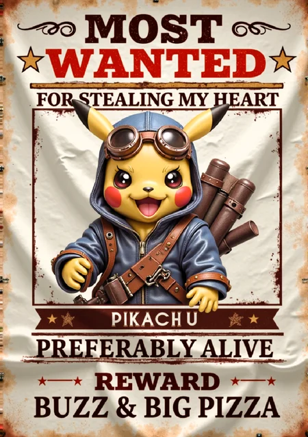 An old pirate-style wanted poster designed to look like it was created on crumpled, burned, and aged parchment with a dark brown grungy texture. The central figure is a cartoon image of Pikachu wearing a blue hoodie and goggles, Pikachu has a cute yet sinister smile with piercing eyes, exuding a mischievous charm.
The text on the poster reads "Most Wanted for Stealing My Heart" in red and black letters, with the words "((Pikachu)) ((Preferably Alive)) ((Reward)) ((BUZZ)) ((& A Big Pizza))" in smaller gold brownish letters below.
The poster is framed with a detailed gold border, featuring wanted stars, and is rendered in hyper-realistic detail with cinematic 8K UHD quality.