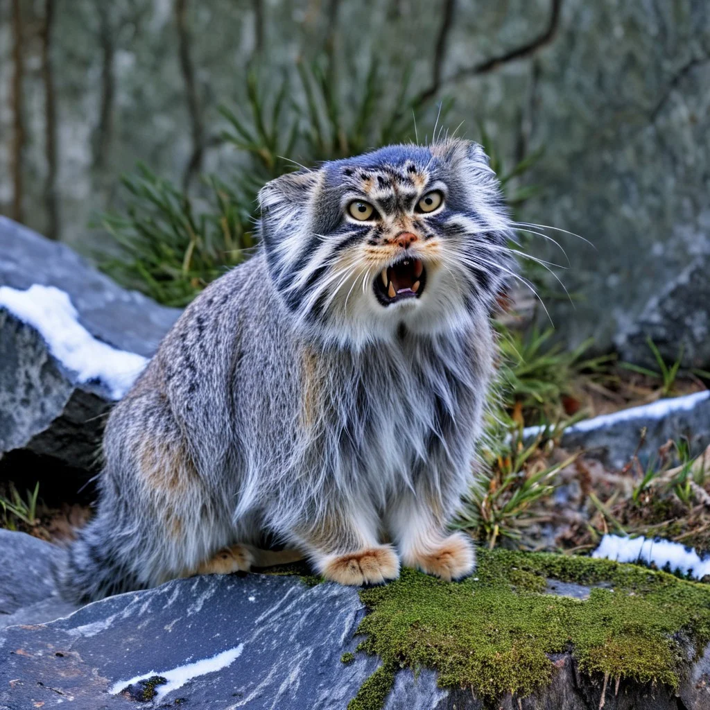 a closeup photo of an annoyed manul on a mossy rock, Otocolobus manul, looking at viewer, angry, mouth open, background of pines and fir, dead bush, few snowy rocks, snow, light snowfall, tree trunks or something gray
