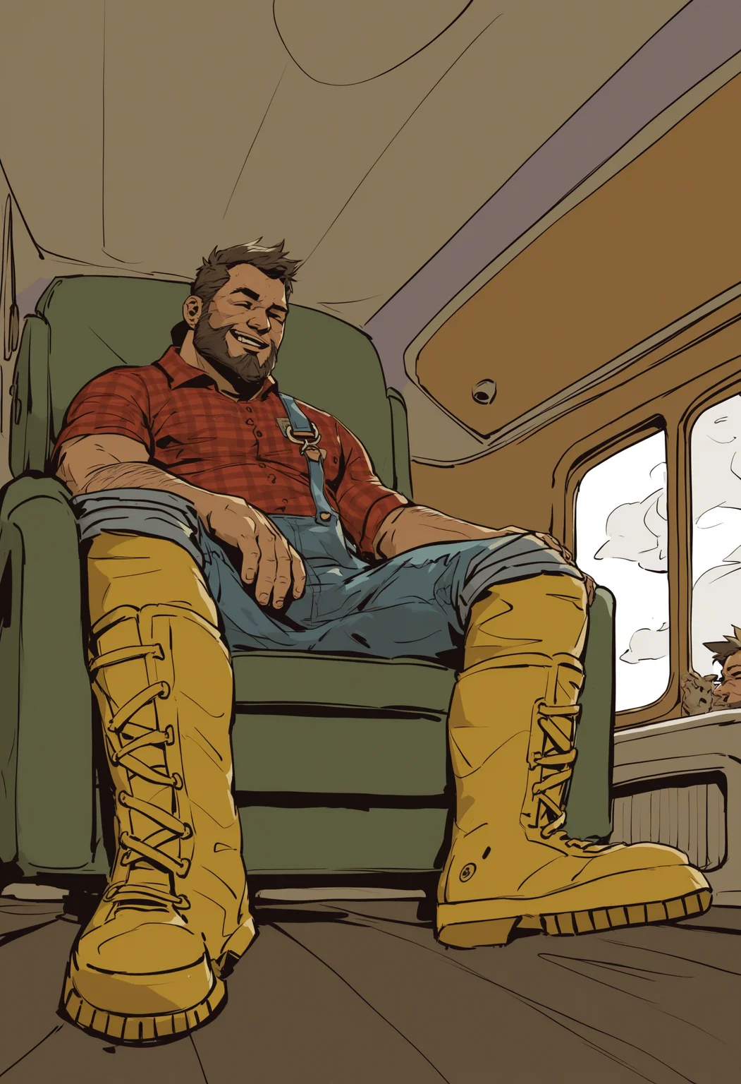<lora:invincible_v2:1> invncbl, artbook illustration, score_9, score_8_up, score_7_up,  score_6_up, score_5_up, score_4_up, middle-aged man, solo, laughing hard, sitting in armchair, red plaid shirt, denim overalls, yellow boots, muscular, distinctive jawline, beard, interior,
