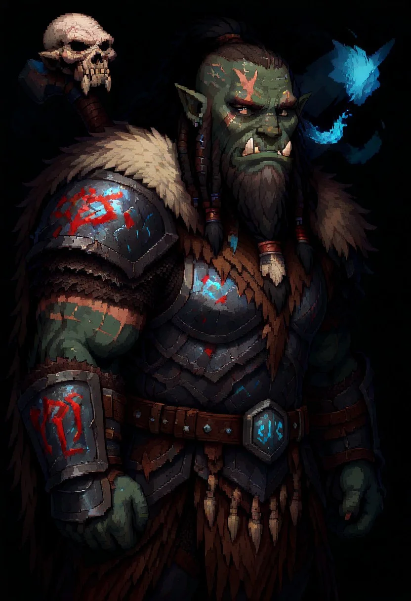 masterpiece, best quality, newest, absurdres, highres, DMDV1.0IL-God, DMDV1.0IL, pixel art, 
1boy, orc, armor, tusks, muscular male, beard, facial hair, scar, scars, scar