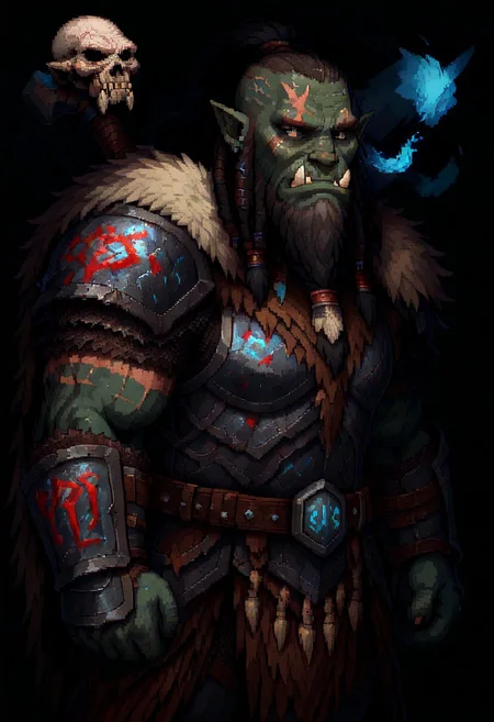 masterpiece, best quality, newest, absurdres, highres, DMDV1.0IL-God, DMDV1.0IL, pixel art, 
1boy, orc, armor, tusks, muscular male, beard, facial hair, scar, scars, scar