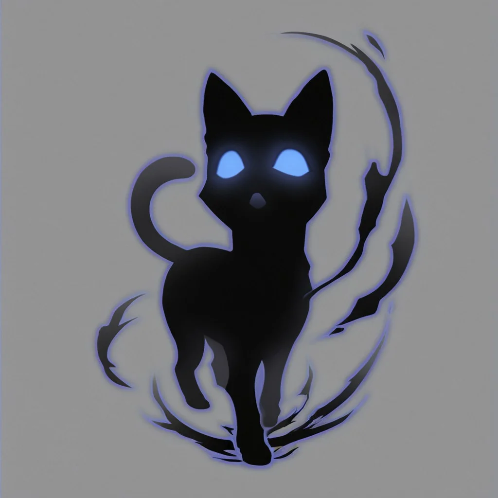 shadow_cat, black cat, silhouette, shadow energy, blue sclera, no pupils, looking at viewer, meowing, open mouth, standing, solo, from above, simple background