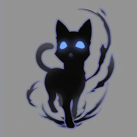 shadow_cat, black cat, silhouette, shadow energy, blue sclera, no pupils, looking at viewer, meowing, open mouth, standing, solo, from above, simple background