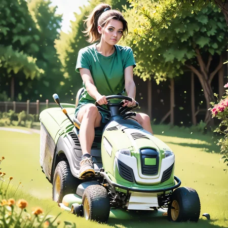 score_9, score_8_up, score_7_up, rilamo (front view) , (slim 25yo female) riding a lawn mower. green shirt, black hot-pants, sneakers , short blonde ponytail <lora:RideLawnMowerPony:1>