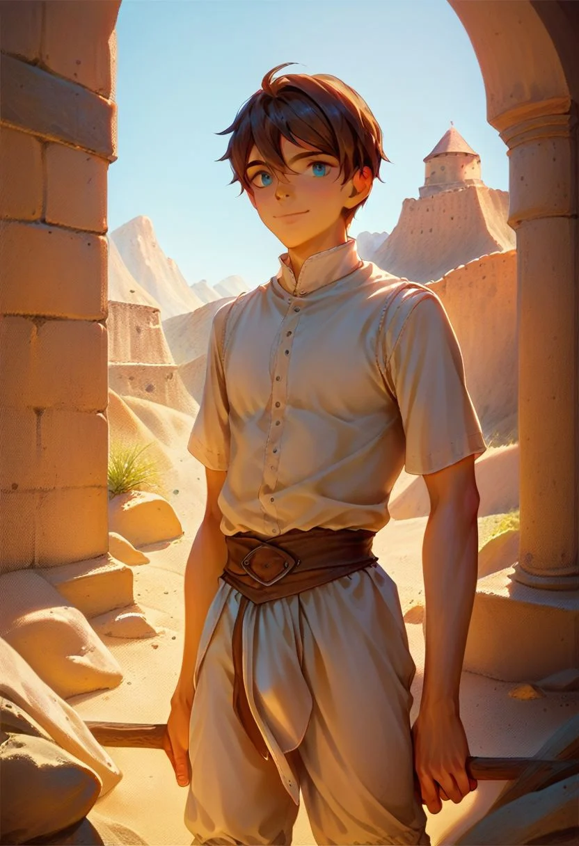 score_9, score_8_up, score_8_up, 1boy, handsome twink, (slim:1.2), masterpiece, brown hair, cyan eyes, medieval clothing, medieval pants, medieval shirt, detailed cloth clothing, detailed background, flat desert background, sandy desert, standing up, seto, neutral expression, light smile, light tan