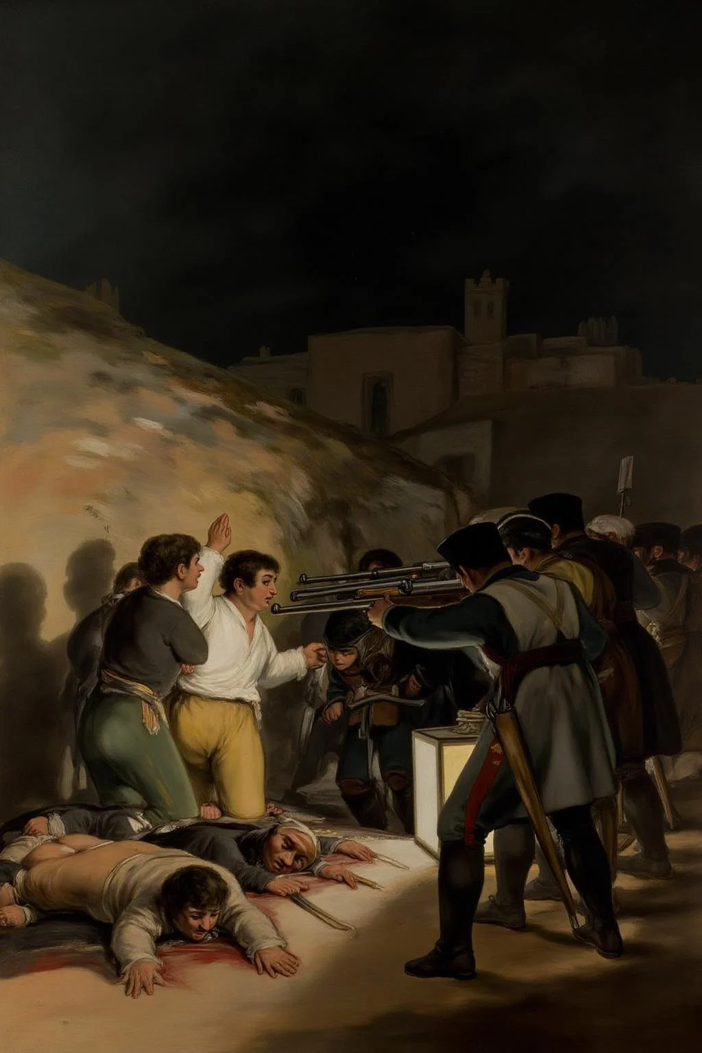 g0ya1 painting of a firing squad of French soldiers shooting at peole lined up against a wall during the Napoleanic War at night. There are dead bodies on the ground. <lora:g0ya2_cap_d6a3e12:1.0><lora:823855966962393316:0>