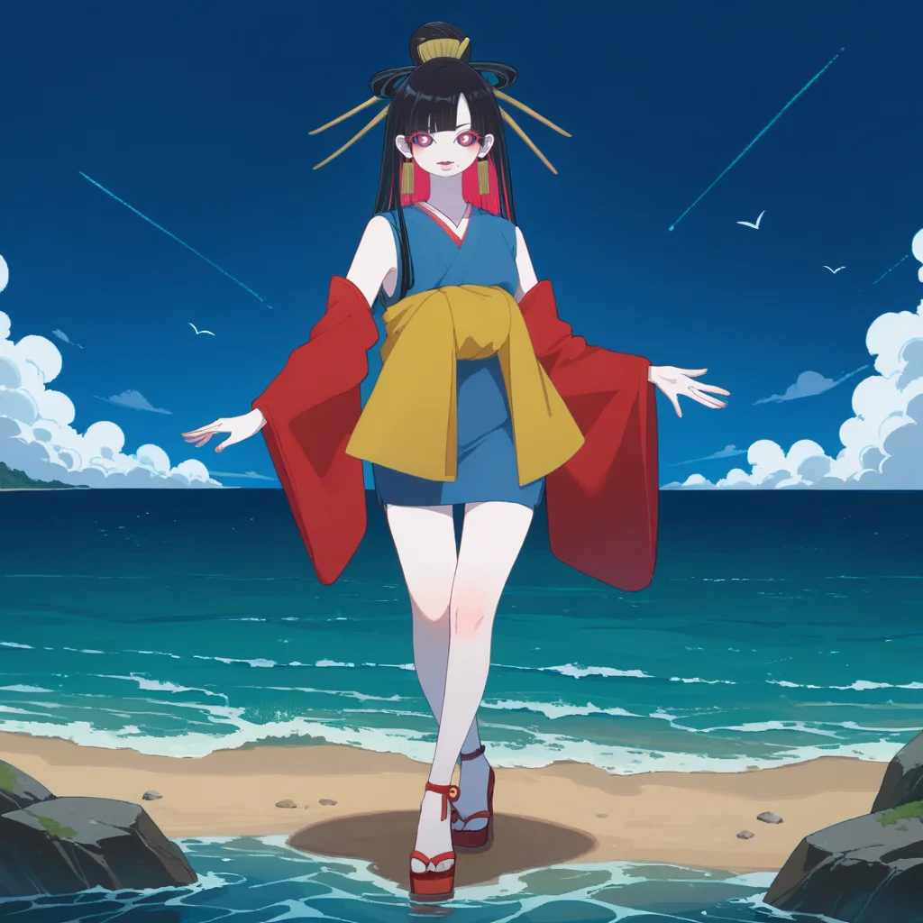 masterpiece, best quality, extremely detailed, highres, fishytech, scifi, FishyMagic, score_9, score_8_up, score_7_up, score_6_up, score_5_up BREAK t1u5, 1girl, mole under mouth, colored sclera, pink eyes, symbol-shaped pupils, long hair, black hair, blue kimono, sleeveless, earrings, hair stick, hime cut, sidelocks, hair ornament, colored inner hair, yellow obi, red sleeves, detached sleeves, cowboy shot, pale skin, looking at viewer, solo, <lora:tukiGirlPDXL16v0.95cametx1-000008:0.8>, sea, full body
