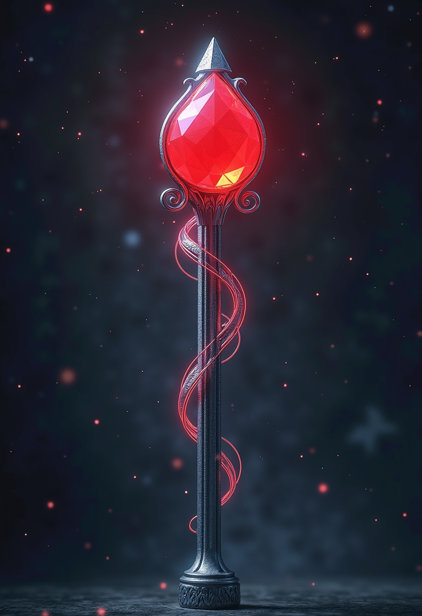 high quality, highly detailed, colorful neon light, The image is a close-up of a tall, cylindrical object with a pointed top. The object appears to be made of metal and has a shiny, metallic finish. The top of the object is a large, round, red gemstone with a smooth, shiny surface. The gemstone is surrounded by a thin, intricate design that resembles a snake's tail. The design is made up of curved lines and curves that create a sense of movement and energy. The background is a dark grey color, making the object stand out even more. The overall mood of the image is mysterious and captivating.<lora:FLUX\boFLUX Neon Abyss.safetensors:0.0:0.0>