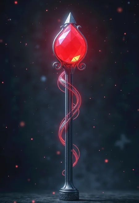 high quality, highly detailed, colorful neon light, The image is a close-up of a tall, cylindrical object with a pointed top. The object appears to be made of metal and has a shiny, metallic finish. The top of the object is a large, round, red gemstone with a smooth, shiny surface. The gemstone is surrounded by a thin, intricate design that resembles a snake's tail. The design is made up of curved lines and curves that create a sense of movement and energy. The background is a dark grey color, making the object stand out even more. The overall mood of the image is mysterious and captivating.<lora:FLUX\boFLUX Neon Abyss.safetensors:0.0:0.0>