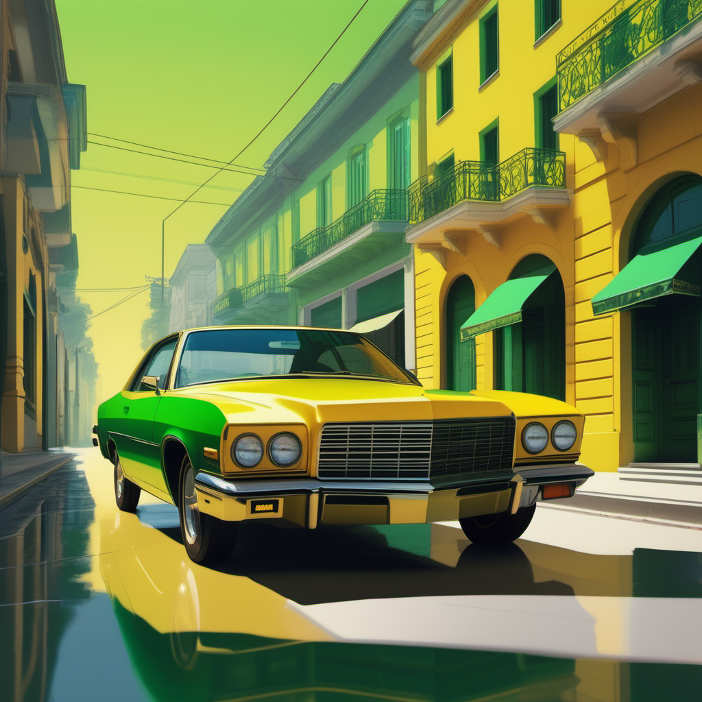 an image picture of a car in the street, yellow and light green, <lora:NeonifyV2-000003:0.75> |