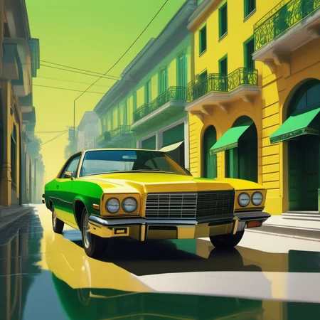 an image picture of a car in the street, yellow and light green, <lora:NeonifyV2-000003:0.75> |