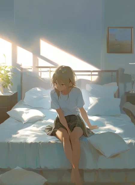 masterpiece,best quality,great quality,good quality,normal quality,low quality,worst quality,
1girl,white_shirt,skirt,looking at viewer,indoor,bed,there are many pillows,sunny,noon,sitting_on_bed,
upper_body,