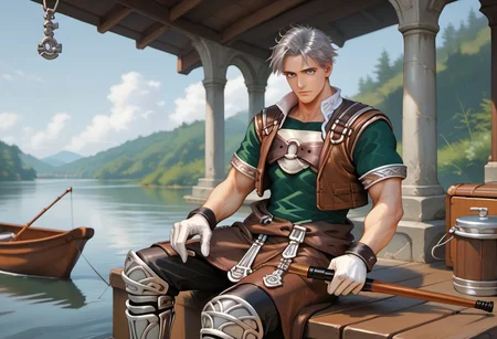 score_9, score_8_up, score_7_up, male focus, toned male, natgra2, gray eyes, short hair, silver hair, steel greaves, plated footwear, brown skirt, black pants, green shirt, brown leather vest, silver belts, white gloves, silver chest plate, morning, lake, cloudy, sitting, boat, fishing, holding fishing rod, beer, cooler, (mature face:1.2)