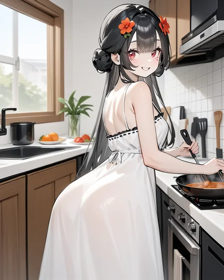 masterpiece,best quality,looking at viewer,kitchen,cooking,summer dress,long dress,look back,smile,teeth,
<lora:xuankai_xl:0.8>,xuankai snowbreak,1girl,solo,mole under eye,long hair,black hair,hair ornament,red eyes,flower,hair flower,small breasts,bangs,hair bun,