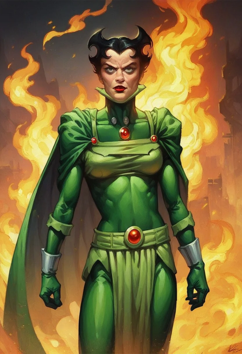 score_9_up, score_8_up, score_7_up, score_6_up, score_5_up, 1girl, solo, bernadeth, short black hair, spiked hair, green cape, green bodysuit, red lipstick, sneer, standing proudly, firey science-fiction landscape, , (realistic), (painted art)