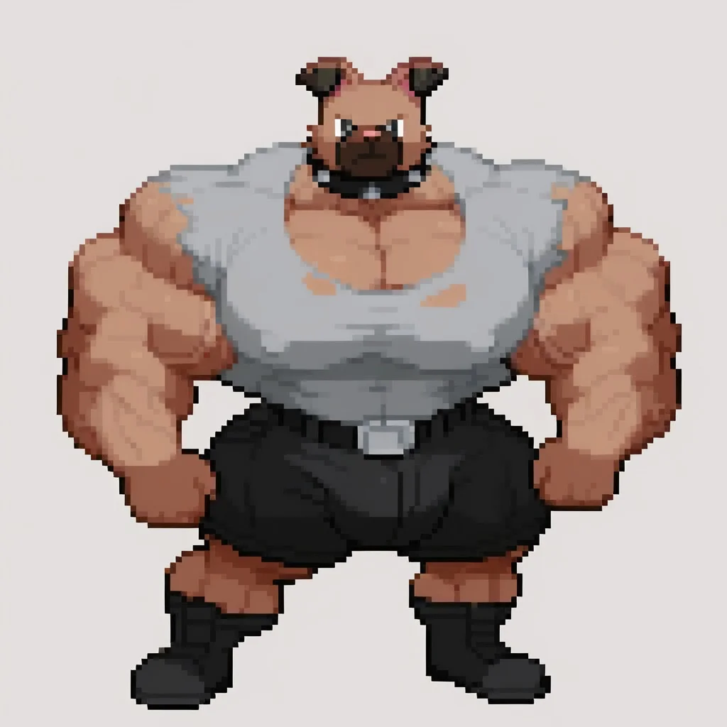 ((score_9, score_8, score_7)), source_anime, source_cartoon, solo, 1boy, muscular boy, extremely muscular boy, extremely tall boy, gigantic body, tiny head, Rockruff_(pokemon), brown skin, pokemon, short shorts, grey cropped jacket, belt boots, brown fur, black collar, looking at viewer, detailed expression, ambush (trap), bodybuilder, veiny muscles, huge muscles, hyper, hyper muscles, extreme muscles, growing muscles, ripped muscles, Huge bulge, hyper bulge, gigantic bulge, broad shoulders, huge pecs, muscular pecs, pectorals, large pectorals, huge traps, covered nipples, muscular arms, muscular thighs, veins, veiny, thick arms, long sleeves, short shorts, cleavage, black pants, choker, grey shirt, simple background, full body, full body shot, wide shot, random action pose, hyper detailed