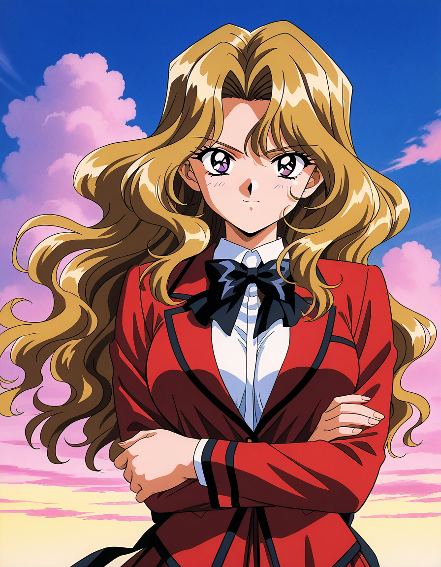 general,highres, ultra-detailed,very aesthetic,best quality ,best hands,  BREAK <lora:Shindou_Reiko_Anime_IS:1>Shindou_Reiko(Anime_Ver), 1girl, solo, long hair, blonde hair, purple eyes, school uniform, red jacket, black bow, wavy hair, large breasts,  red skirt, skirt, 1990s \(style\),anime coloring, doya face,
crossed arms,  bow, looking at viewer,  jacket, bowtie, red jacket, black bow, long sleeves, shirt,
sky, cloud,