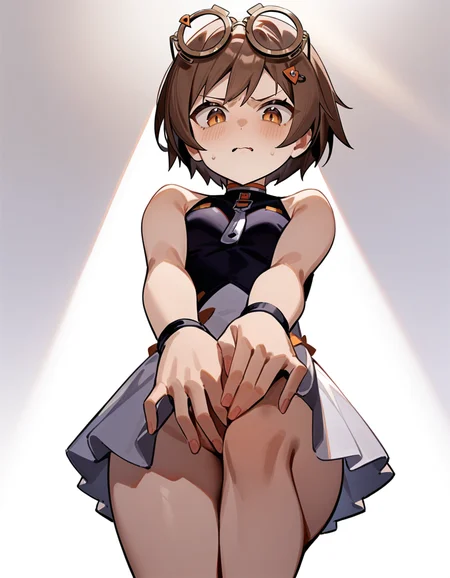masterpiece,best quality,very aesthetic,absurdres,
(idol:1.2),covering_crotch,miniskirt,white background,looking at viewer,
<lora:qianqiu_xl:0.7>,felllowmoon-qianqiu,1girl,solo,brown hair,short hair,brown eyes,hair ornament,small breasts,eyewear on head,disgust,full_shot,