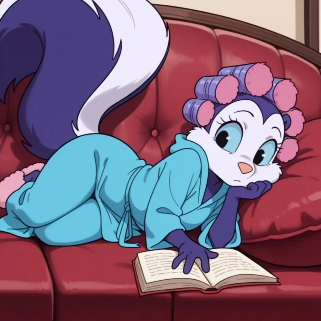 masterpiece, best quality, amazing quality, fifittail, anthro, female, skunk, purple fur, purple hair, black eyes, blue sclera, blue robe, blue pants, pink slippers, hair rollers,, lying, on couch, reading book