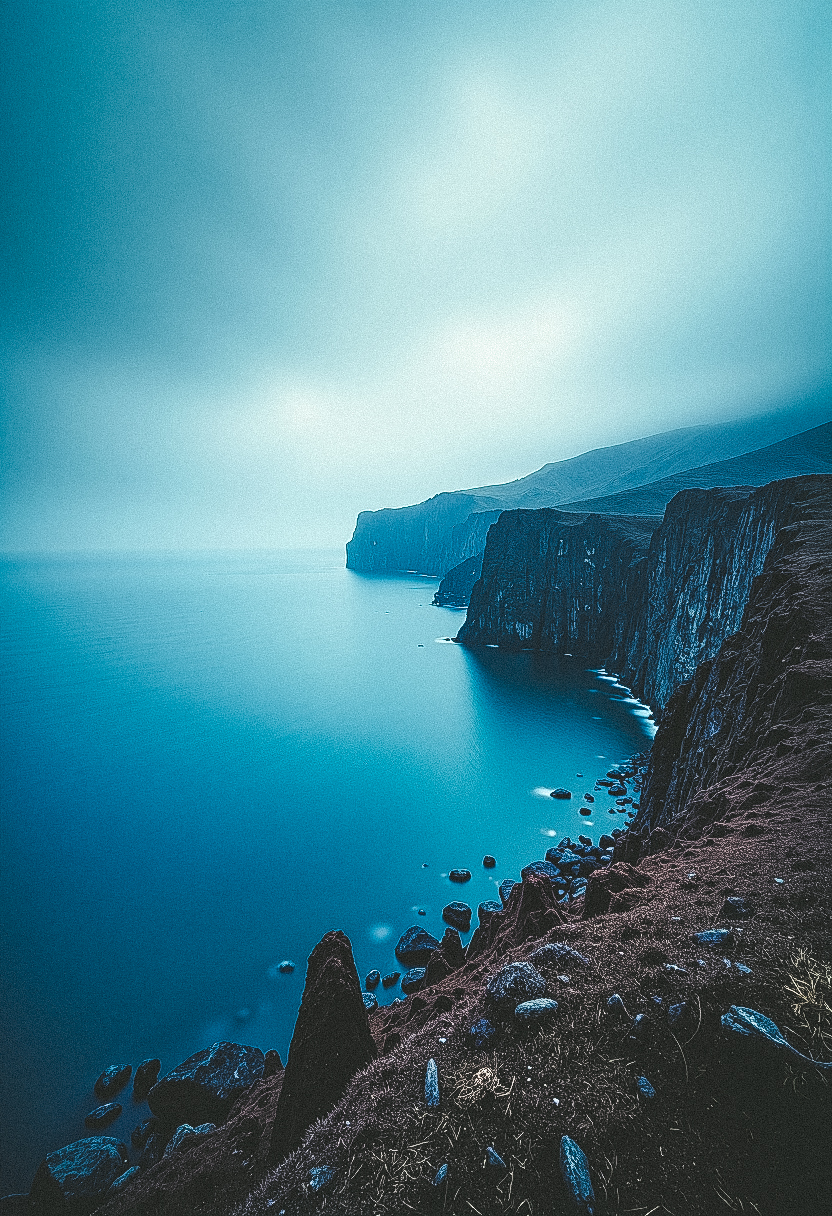 Immerse in a breathtakingly beautiful landscape: a vibrant blue-hued horizon stretches across the frame, fading into an atmospheric haze. Unusual dark colors, such as deep indigo and rich charcoal, punctuate the scene with dramatic flair.   Cinematic lighting casts long shadows, emphasizing the fine details of the terrain. Film grain adds texture to the image, while superb composition guides the viewer's eye through the masterpiece. Maximum detail is achieved in every element, from the rugged terrain to the wispy clouds, creating an unparalleled level of visual mastery.
