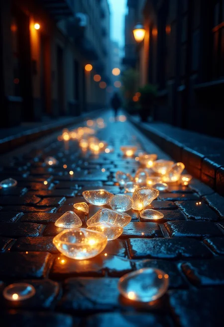 EtherealGlow, ethereal, a close-up of glowing, translucent glass shards scattered across a dimly lit alley. The glass pulses softly with radiant energy, casting ethereal beams of light that dance across the cobblestones, illuminating the dark alley with an otherworldly glow. The reflections of the glowing shards ripple through the surrounding space like waves of magic.
