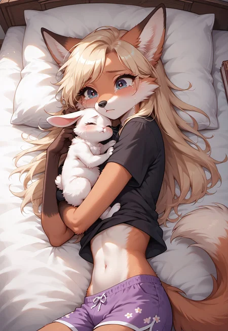 masterpiece, score_9_up, score_8_up, score_7_up, score_6_up, source_furry, (best quality:1.1), ultra-detailed, high resolution, highly detailed macro illustration, (good_hands) BREAK 1boy, girly, femboy, (anthro fox), (beautiful eyes:1.4), (Long eyelashes:1.2), Blonde long hair, black nose, skinny, tail, (sad expression, cute face:1.3), crying, depressive, black fitted shirt, purple shorts, patterned knee socks, lying on the bed, bedroom, bed, green pillow, spring quilt, book on the bed BREAK p3tl0v3, (hugging brown rabbit), rabbit eyes closed, animal BREAK sunrise, morning, shadows, Highly Visible, sharp focus, perfect lighting, anatomically correct, extremely detailed, high detail, Expressiveh, OverallDetail, zPDXL3