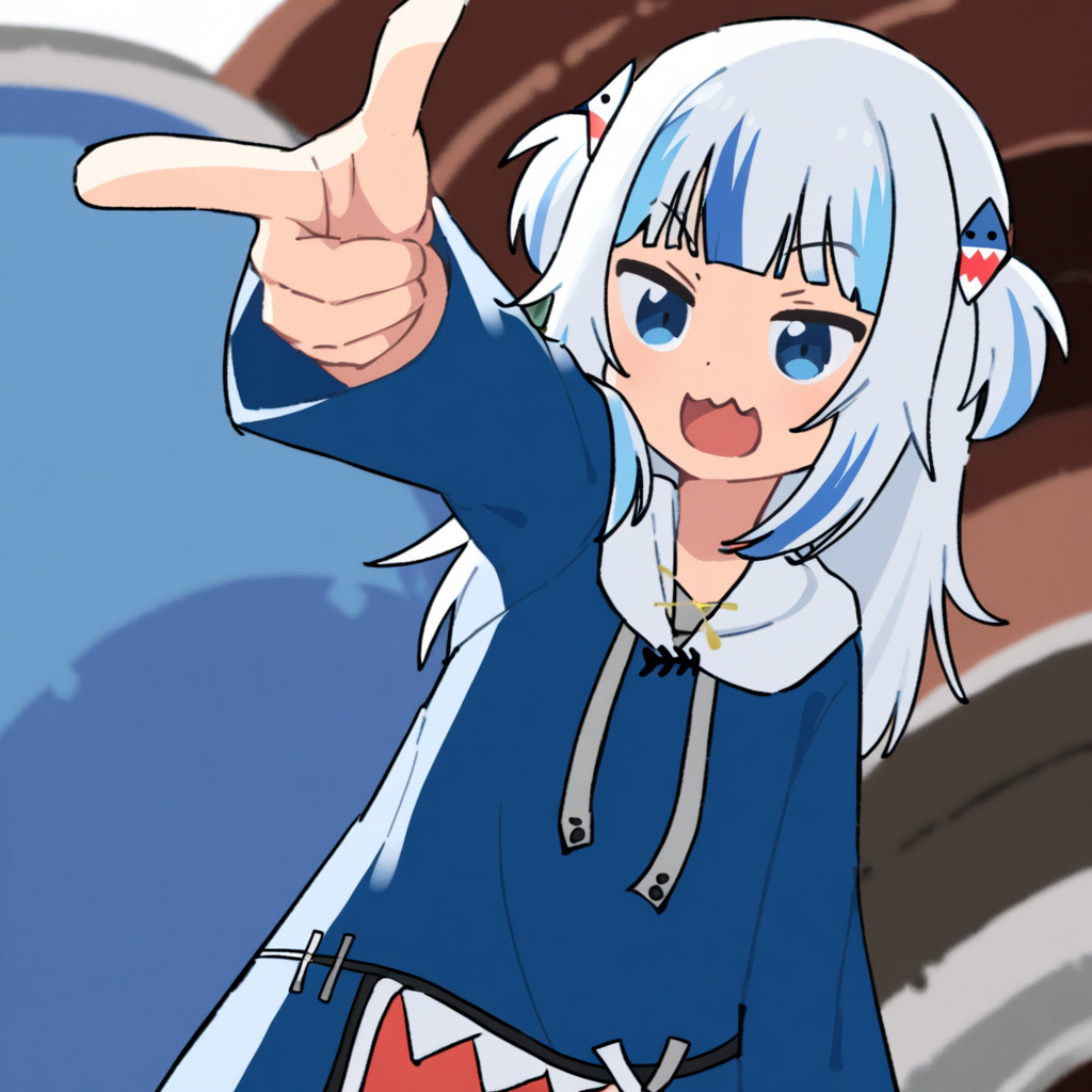 a   Gawr_Gura at something with a finger, <lora:fingergun:0.85> <lora:Gawr_Gura_XL:0.8>