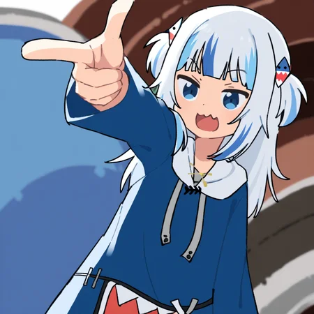 a Gawr_Gura at something with a finger, <lora:fingergun:0.85> <lora:Gawr_Gura_XL:0.8>