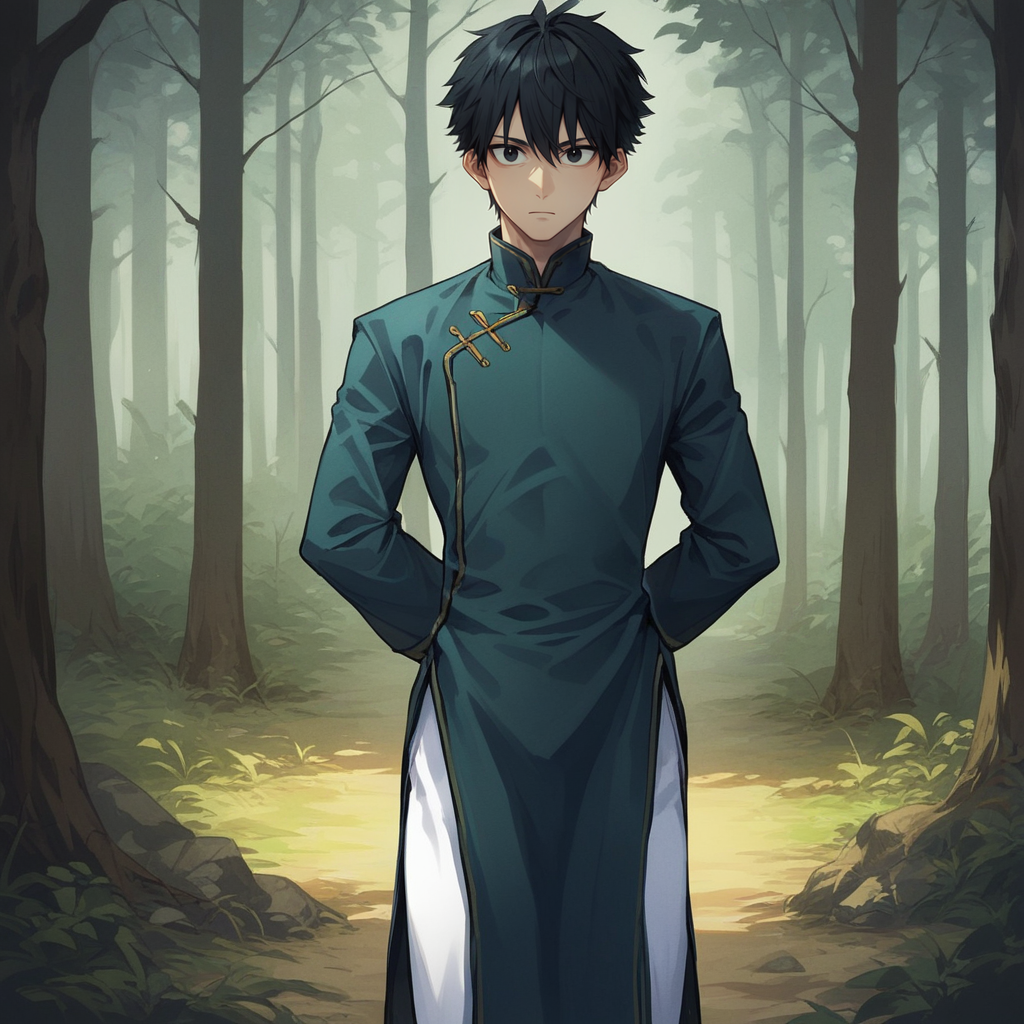 score_9_up, score_8_up, BREAK, KungFuUniform, 1boy, solo, black hair, short hair, black eyes, chinese clothes, white pants, cowboy shot, <lora:KungFu_Uniform_PXL_Leaf1:1>, forest,