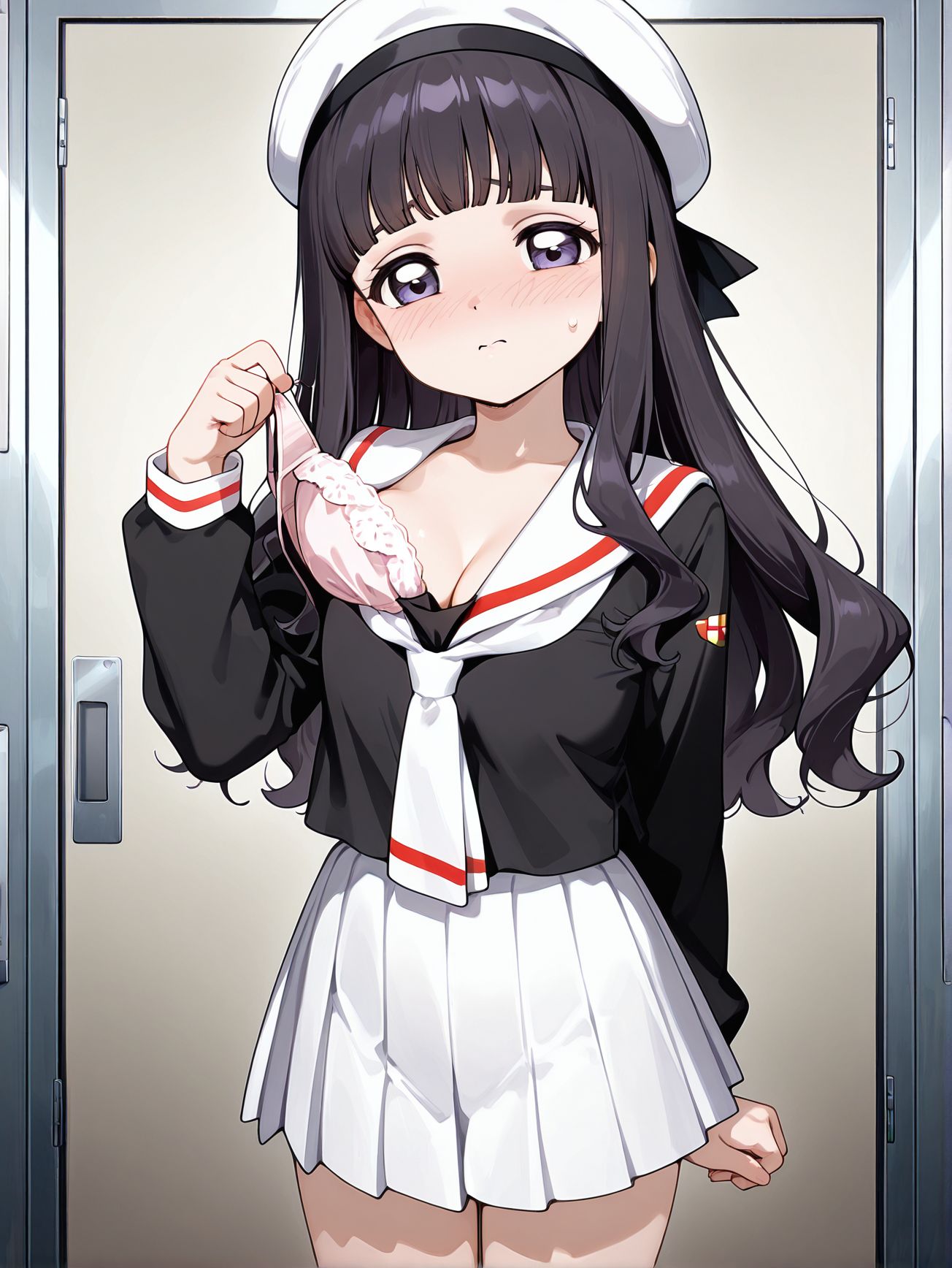 masterpiece, best quality, newest, absurdres, highres, detailed eyes, beautiful, detailed background, perfect eyes, anime coloring, anime screencap,
5fingers,
<lora:removing_bra_under_shirt:1>Taking_off_brav1,
1girl,breasts,
underwear,bra,solo,
taking off bra,
removing bra,
pulling off bra,
standing, 
BREAK
sweatdrop, school uniform, cleavage,  blush, embarrassed, white hat, 
Daidouji Tomoyo, black serafuku, 
cardcaptor sakura, 
official art,