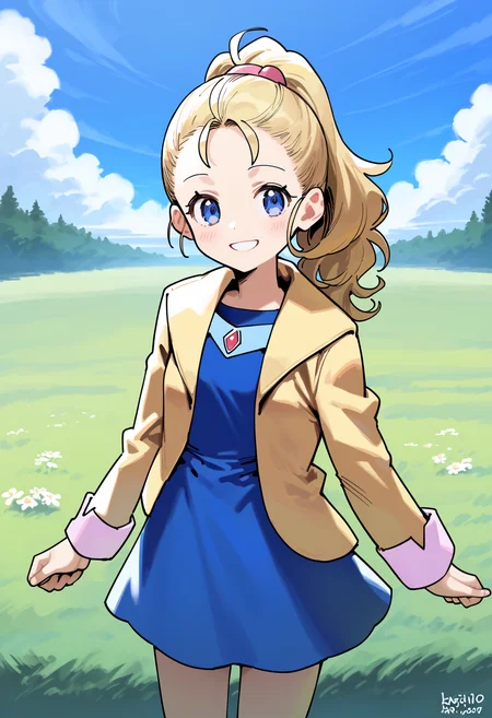 score_9,1girl,<lora:krile ff5PonyXL:0.8>,krile ff5,blue eyes,jacket,blue dress,cowboy shot,standing,smile,grass,blue sky,looking at viewer