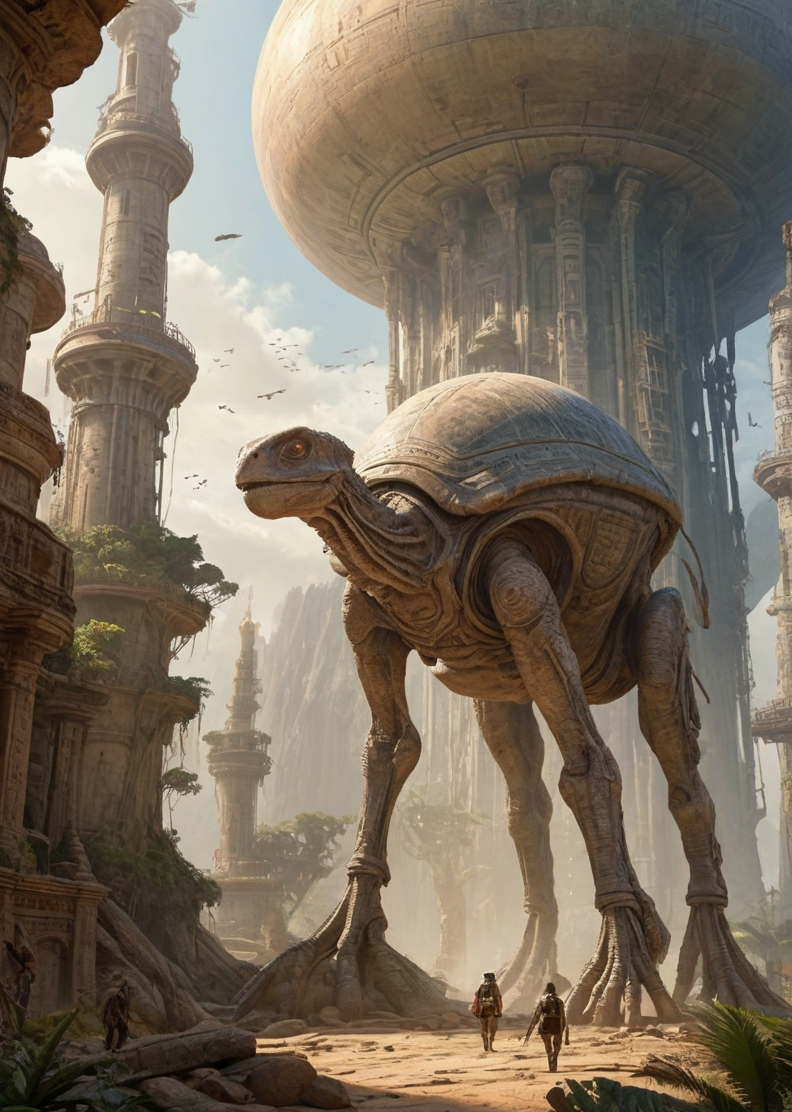 (pui:0.01) An intrepid explorer standing amidst ancient, overgrown ruins on a mysterious planet, deciphering the secrets of a long-lost civilization,
slender, elevated explorer with scouting gear on their back, riding a flying mount, giant, intricately carved statues depicting alien creatures, a whispering breeze carrying the whispers of the past, a large observatory dome, alien animals scurrying in the sunlight, the explorer's breathing filled with wonder, distant, towering minarets piercing the sky, a lively city square with ancient runes, a hidden message awaiting discovery, 
(bright anomaly:1.28), (jarring contrast:1.12), (eye-catching:1.08), (surreal juxtaposition:1.19),(trending:1.04) (epic:1.14, (masterpiece:1.02), (high image quality:1.08), (RAW:0.93),(high resolution photograph:1.28),high definition,masterpiece, absurdres, newest, <lora:LCMTurboMix_Euler_A_fix.safetensors:0.96:0.3>  p18,s22