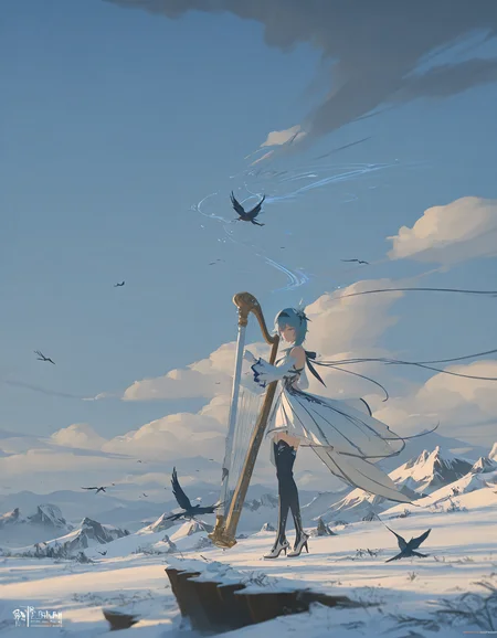 1girl, eula \(genshin impact\), blue hair, scenery, dress, wide shot, bird, thighhighs, solo, white dress, sky, outdoors, ice, cloud, high heels, instrument, snow, holding, holding instrument, harp, short hair, white footwear, gloves, music, blue eyes, mountain, hairband, hair ornament, detached sleeves, boots, white gloves, white headwear, standing, day, bare shoulders, pillar, violin, blue sky, <lora:void_0:0.7>, void 0