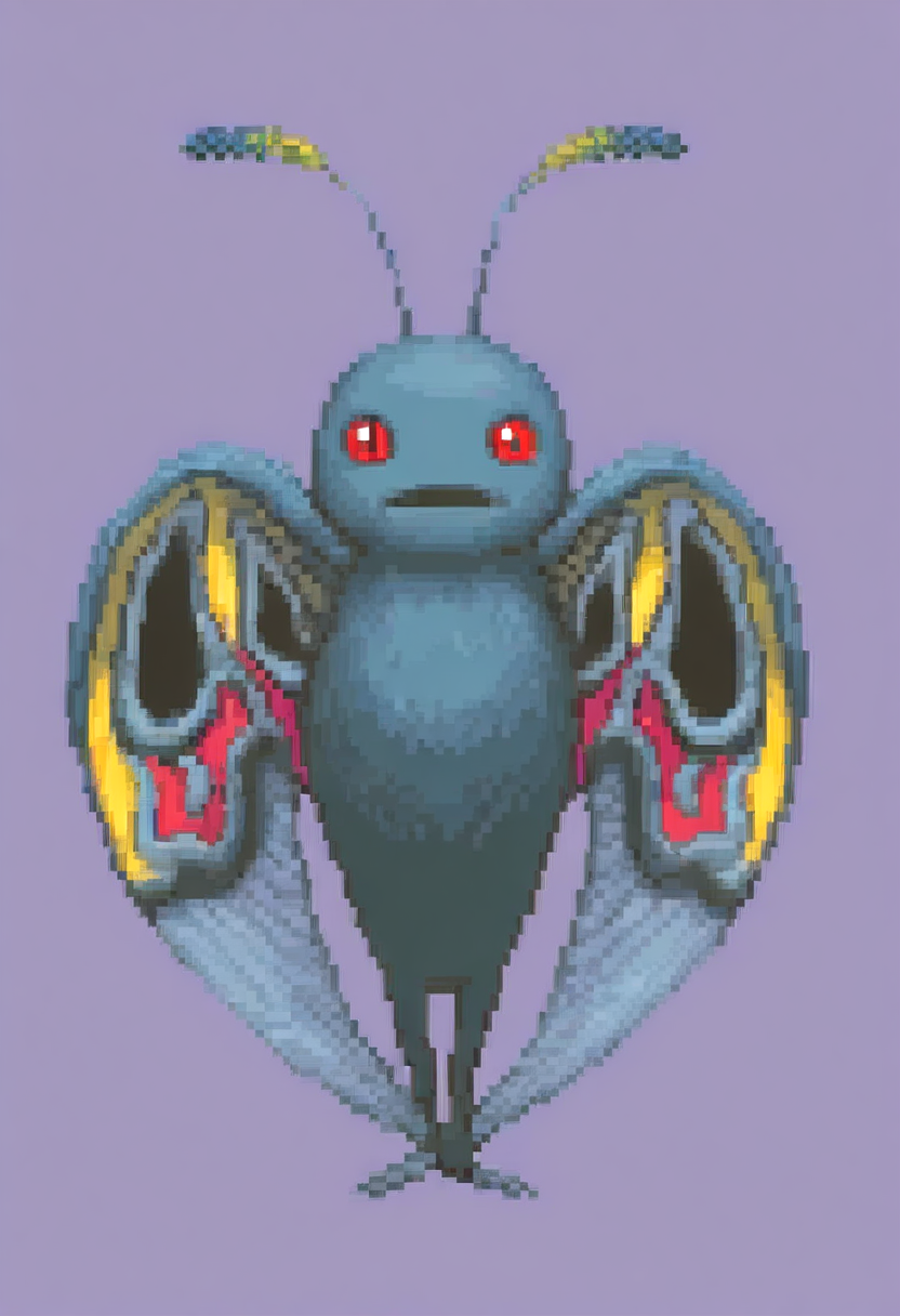 masterpiece, best quality, solo, looking at viewer, <lora:Ace-Attorney-Portraits-illus_Fp:1>, portrait, , pixel art, simple background,  <lora:Mothman-illus_Fp:1>, mothman, pokemon \(creature\), no humans, wings, red eyes,