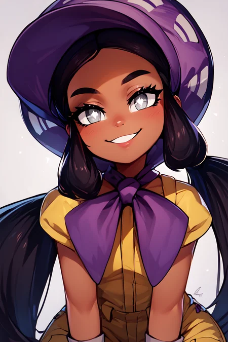 score_9, score_8_up, score_8, medium breasts, (curvy), cute, eyelashes, ,,, , ,,, zzHapu, grey eyes, black hair, long hair, twintails, very long hair, dark skin, bright pupils, white pupils, gloves, purple bonnet, short sleeves, jumpsuit, <lora:Hapu_Pokemon_PDXL:1.0>, ,,,, BREAK, looking at viewer, ,,, smile, upper body, leaning forward, head tilt, ,,, embedding:zPDXL, Expressiveh, ,,, <lora:theButcherXPDXL:0.8>, <lora:CatalystStylePDXL:0.6>, <lora:SDXLFaeTastic2400:0.5>, <lora:Expressive_H-000001:0.4>,