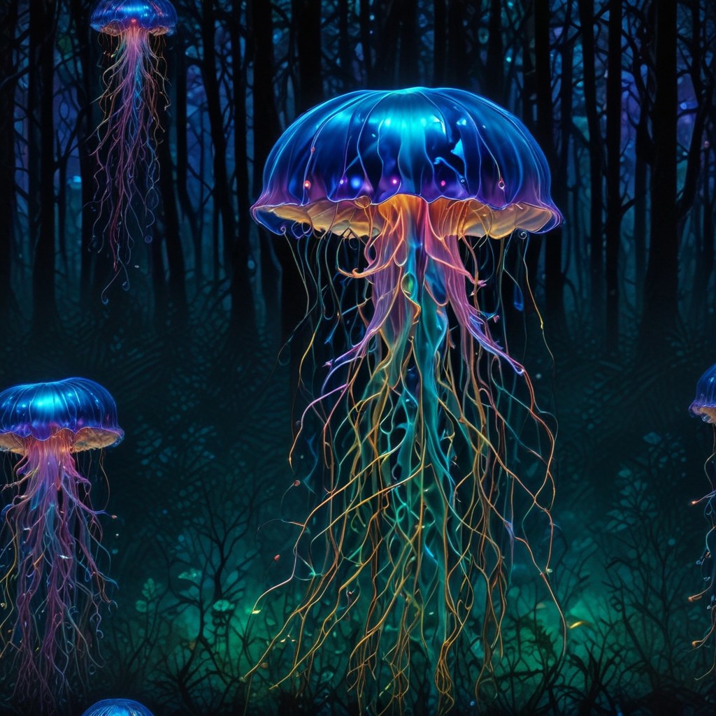 holographic translucent biolumiscent jellyfish on forest ground,alcohol ink and fluid thick oil,hyperrealistic,perfect mixed styles with amazing depth,iridescent complementary colors,dramatic flickering back light,surreal hypercreative masterwork by head of prompt engineering