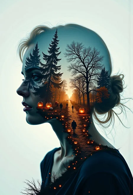 aidmaimageupgrader, Jeddblexpsre,double exposure, Create a double exposure composition that blends eerie Halloween themes with surreal, dreamlike imagery.