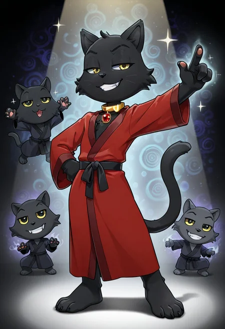 score_9, score_8_up, score_7_up, score_6_up, furry male, solo male, salems, cat, bipedal, cat tail, black body, black fur, cheek tuft, gold eyes, bathrobe, velvet robe with fur lining, (dark red robe with black accents:1.1), chest tuft, gold collar, red gem, half-closed eyes, grin, fangs, black nose, 4 fingers, standing, barefoot, pawpads, detailed face, raised arm, gesture, cocked hip, standing, hand on hip, petite, chibi, 
masterpiece, extreme detail, intricate detail, detailed fur, best quality, looking at viewer, detailed shading, perfect lighting, shadow, magic, sparkle, 
psychedelic background, cgi, IllustriousQual