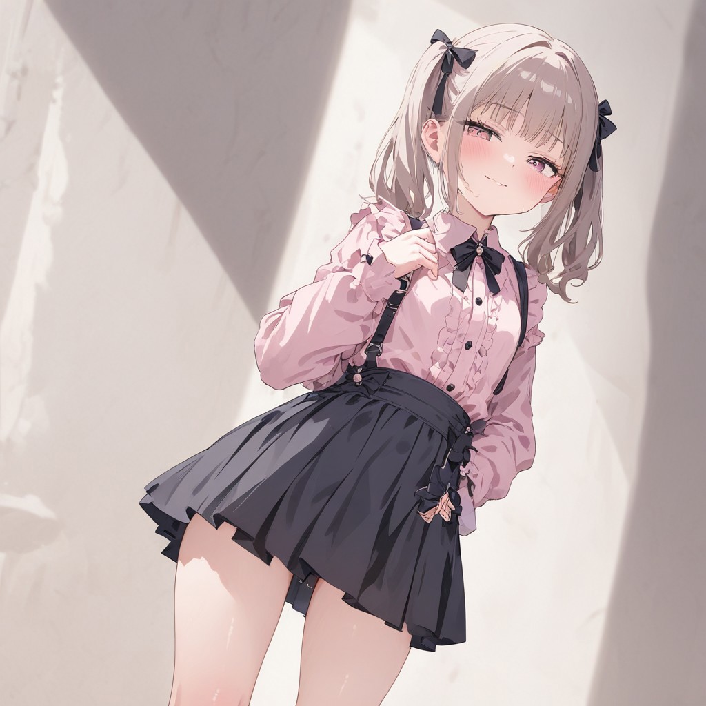 petite girl, (posing:1.1), full view, colorful background, good anatomy, hourglass body shape, beautiful, facial expression, masterpiece, perfect light and shadows, making an action, pink shirt, black skirt, ribbon, jirai kei, playful, slightly smiling, (beautiful background:1.1)