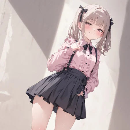 petite girl, (posing:1.1), full view, colorful background, good anatomy, hourglass body shape, beautiful, facial expression, masterpiece, perfect light and shadows, making an action, pink shirt, black skirt, ribbon, jirai kei, playful, slightly smiling, (beautiful background:1.1)