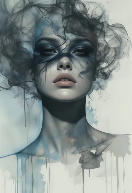 Eye liner, film grain, Korean Model, smoky ethereal face, grey and blue, muted color with bold dark outlines, smoke/most partially obscuring her face, one point source of light, diffused around the smoke, watery like appearance, mixed theme portrait, average length neck, By Tom Nulens, OBxiaoxiang,