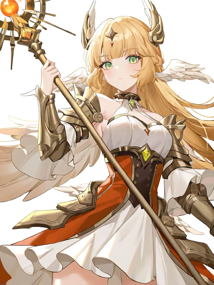 1girl,solo,looking at viewer,mijiale,simple background,white background,green eyes,blonde hair,head wings,white dress,looking at viewer,,holding weapon,from_side,cowboy_shot,<lora:mijiale-000014:0.8>, masterpiece, best quality, very aesthetic, absurdres,newest, incredibly absurdres,