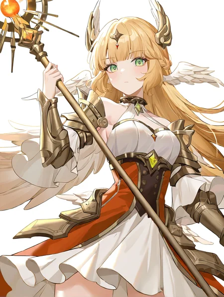 1girl,solo,looking at viewer,mijiale,simple background,white background,green eyes,blonde hair,head wings,white dress,looking at viewer,,holding weapon,from_side,cowboy_shot,<lora:mijiale-000014:0.8>, masterpiece, best quality, very aesthetic, absurdres,newest, incredibly absurdres,