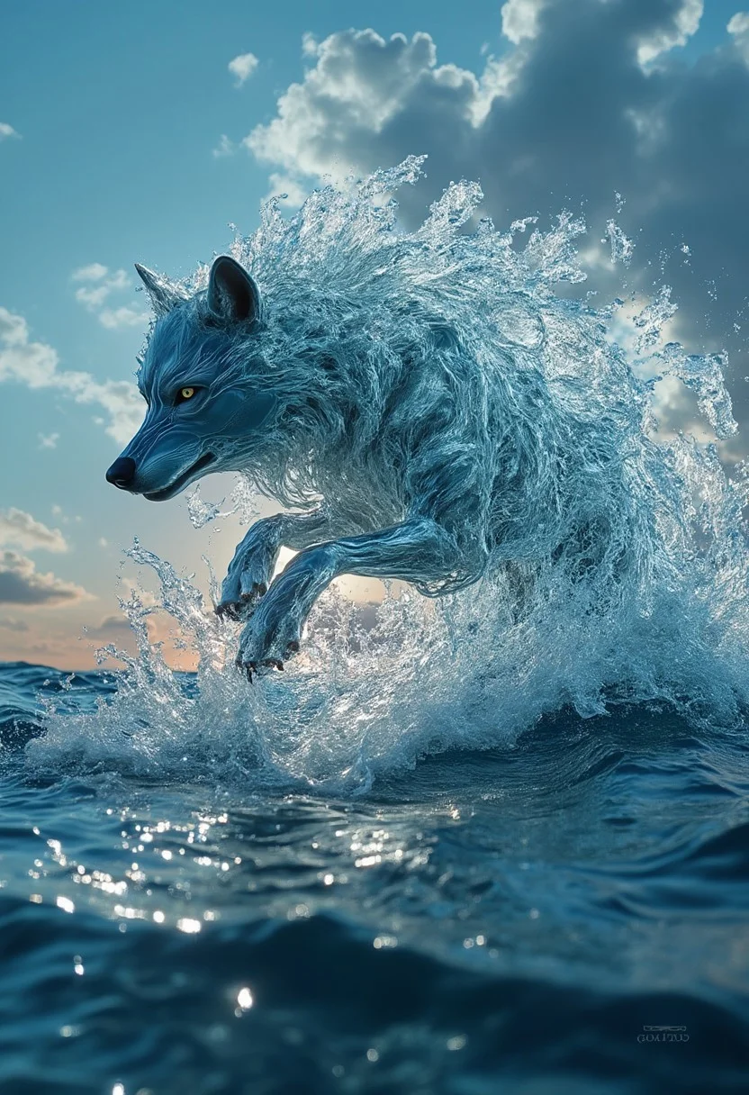 semi-realistic, 4k, uhd, subsurface scatter, light reflection, perfect composition, wonderful lighting
water wolf, wolf made out of water, water reflections, dynamic, made of water, transparent crafted entirely from water, light breaks in his body, super realistic waterbody, extreme realistic water.
Wolf is mid jump out of the ocean but is half under water. Dynamic water, dynamic camera, landscape, ocean, open sea, realistic light breaking inside water, reflections, water reflections, light reflection, waterdrops, sun setting, sunlight, water splashing,
translucent luminescence, liquid, dynamic water flow