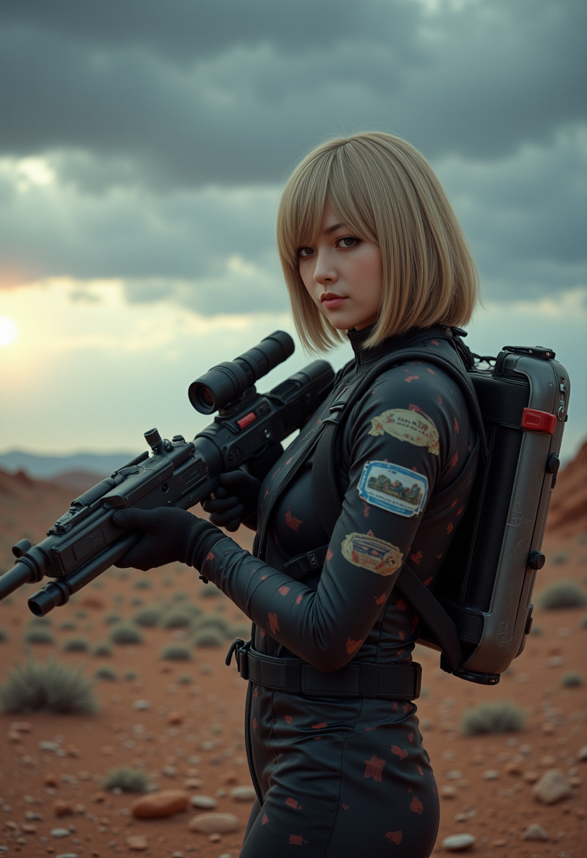 She is approximately 18 years old, dynamic angles,photoshoot poses, The image shows a young woman in a space suit, holding a futuristic laser gun. She is standing on a desolate planet, the Earth is  visible in the background. The woman has shoulder-length blonde hair and is looking directly at the camera with a serious expression on her face. She has a futuristic backpack on her back, it's glowing.  she is wearing a futuristic combat armor, she is in an epic battle, The sky is dark and cloudy, with a bright light shining down on the woman. she is firing her laser gun at an unseen enemy, The overall mood of the image is intense and dramatic,RAW candid cinema,16mm,color graded portra 400 film,remarkable color,ultra realistic,textured skin,remarkable detailed pupils,realistic dull skin noise,visible skin detail,skin fuzz,dry skin,shot with cinematic camera,detailed skin texture,(blush:0.2),(goosebumps:0.3),subsurface scattering,beautiful photograph in the style of Augustus John,Sergio Toppi,Virginia Frances Sterrett,8k HD,detailed skin texture,ultra realistic,textured skin,analog raw photo,cinematic grain,whimsical.perfection style,aidmareduxstyle, she is smiling, smiling