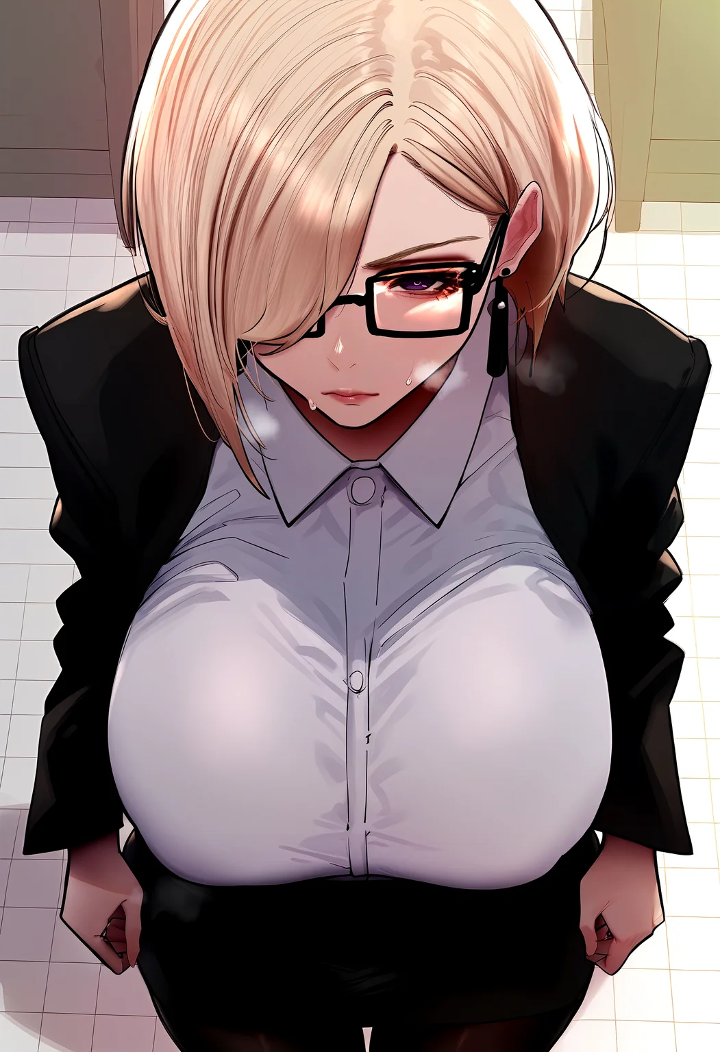 score_9, score_8_up, score_7_up, score_6_up, source_anime, rating_explicit, <lora:neg4all_bdsqlsz_V3.5:2.0>1girl, (solo:1.1), huge breasts, <lora:Kang Annaponyxl:1> blonde hair, short hair, hair over one eye, purple eyes, glasses, black-framed eyewear, earrings, black jacket, collared shirt, white shirt, long sleeves, black skirt, pencil skirt, black pantyhose, expressionless, Narrow shoulders, heavy breathing, steaming body, office room, indoors, looking at viewer, from above